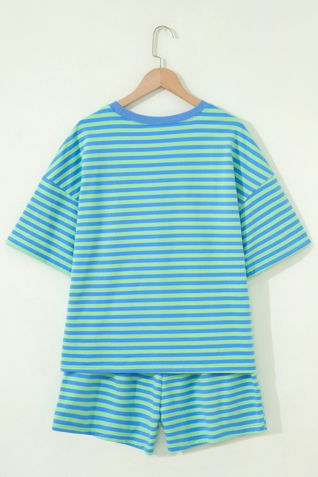 Blue Stripe Striped Ribbed Cotton Two-Piece Short Set with Chest Patch Detail