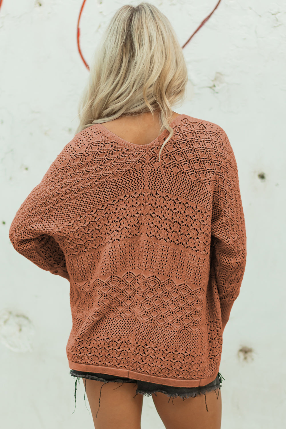 Redwood Burl Mix Pattern Hollowed Knit Open Front Cardigan