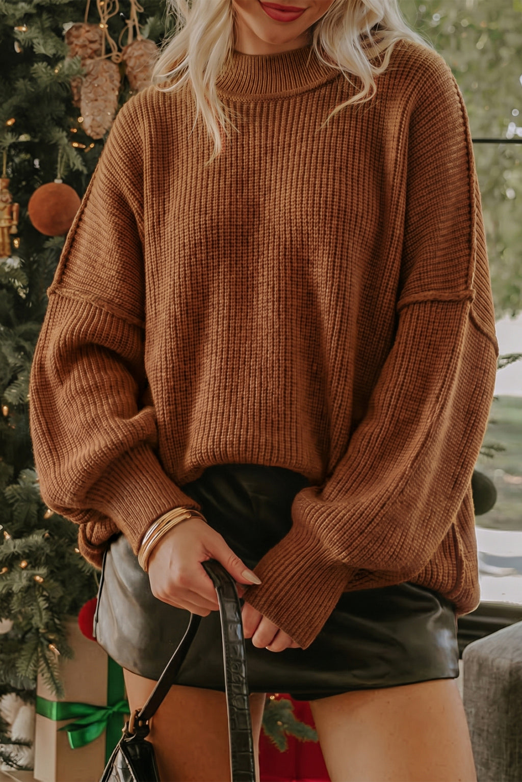 Red Dahlia Solid Color Mock Neck Oversized Tunic Sweater