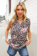 Dazzle In Black Leopard Print Frill Notch Neck Top