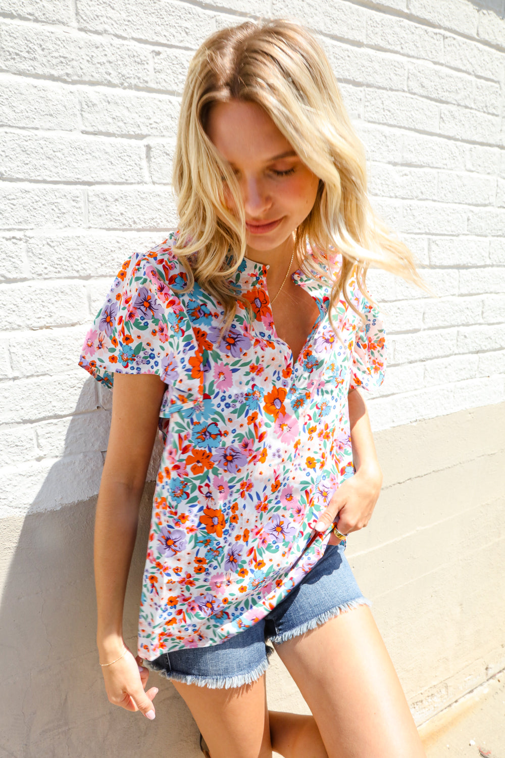 Beautiful You Ivory Floral Print Notch Neck Puff Short Sleeve Top