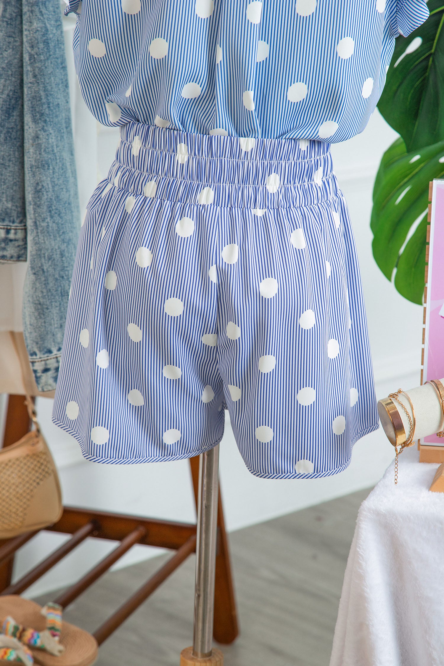 Apricot Polka Dot Print Shirred High Waist Casual Shorts