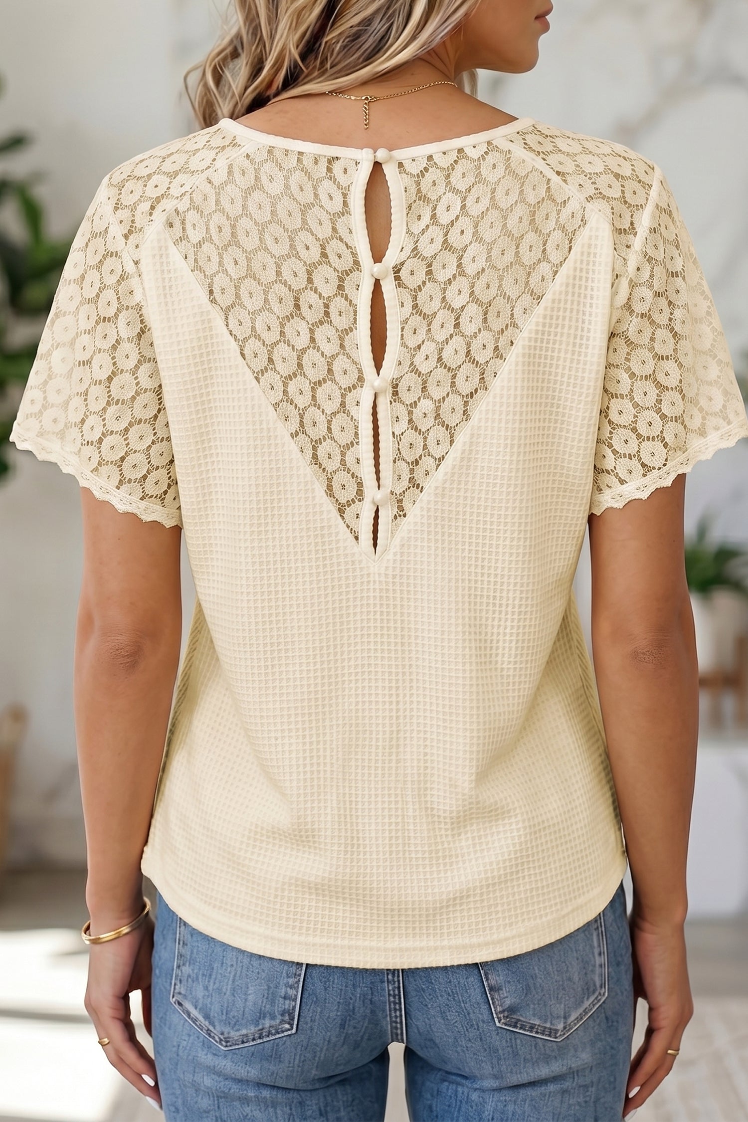 Pink Lace Splicing Button Cutout V Neck Waffle Knit Blouse