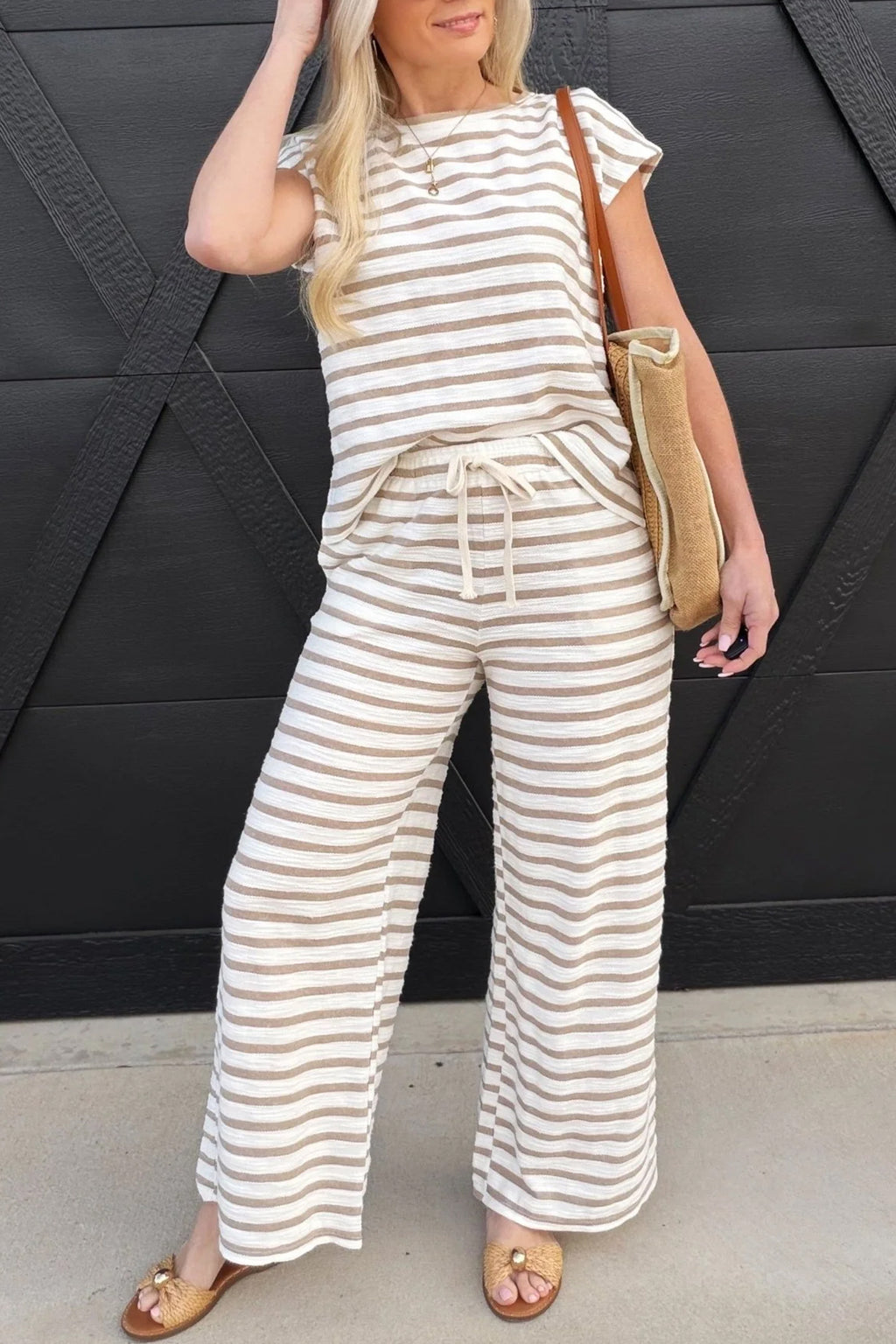 Khaki Stripe Cap Sleeve Tee Drawstring Shift Pants 2pcs Outfit
