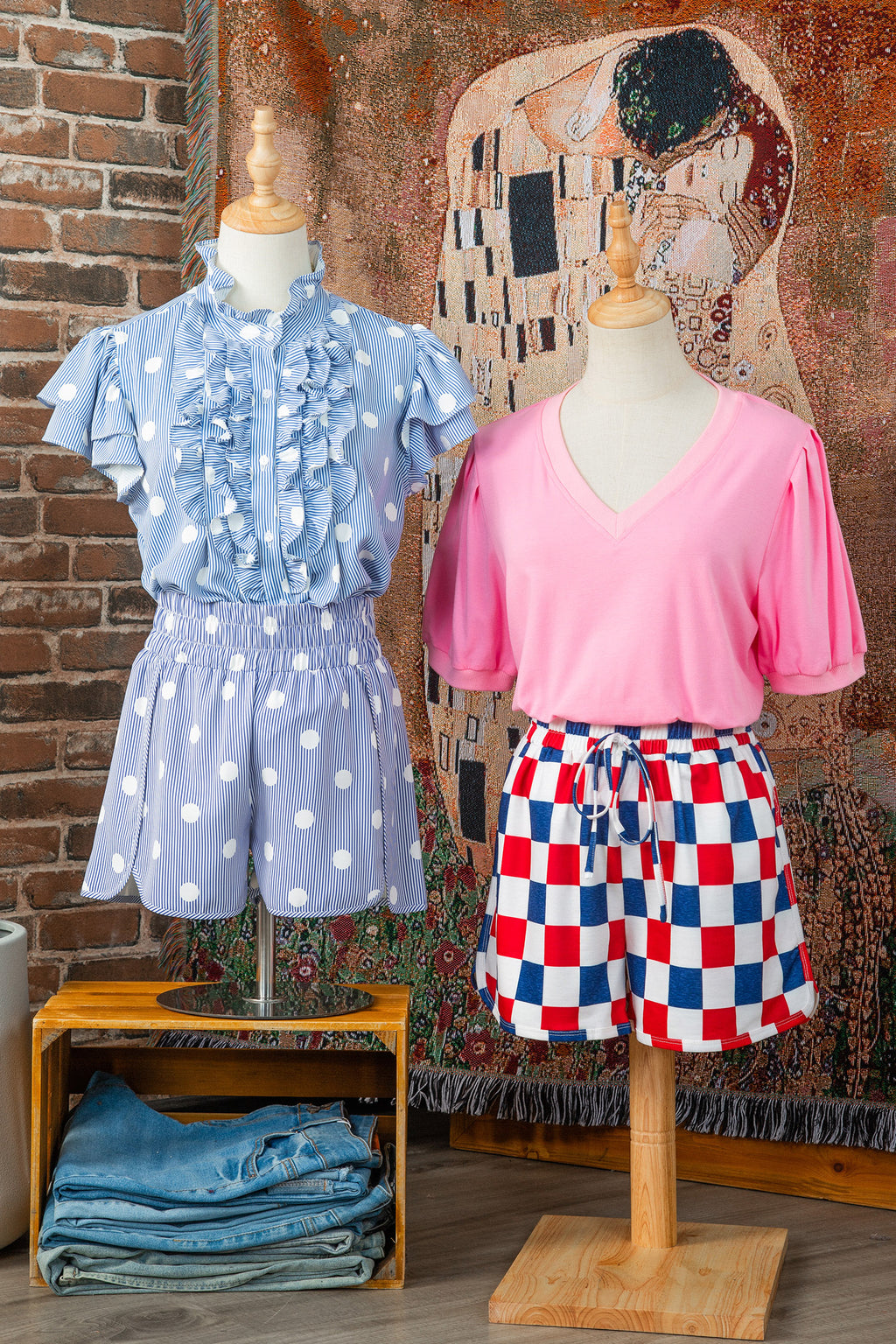 Apricot Polka Dot Print Shirred High Waist Casual Shorts