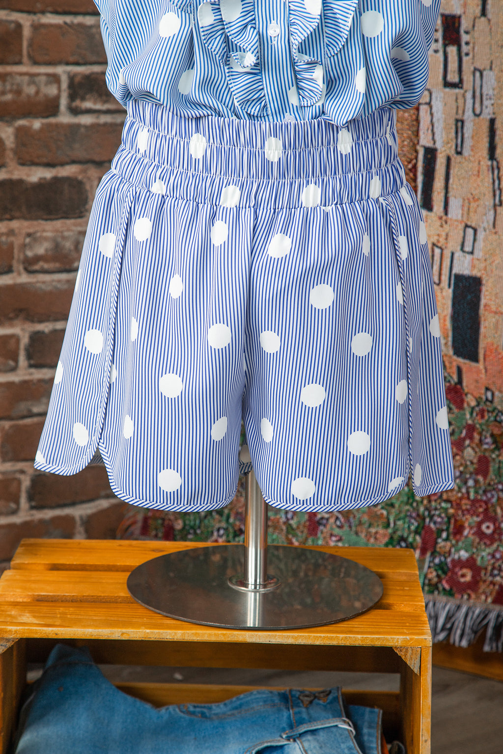 Apricot Polka Dot Print Shirred High Waist Casual Shorts