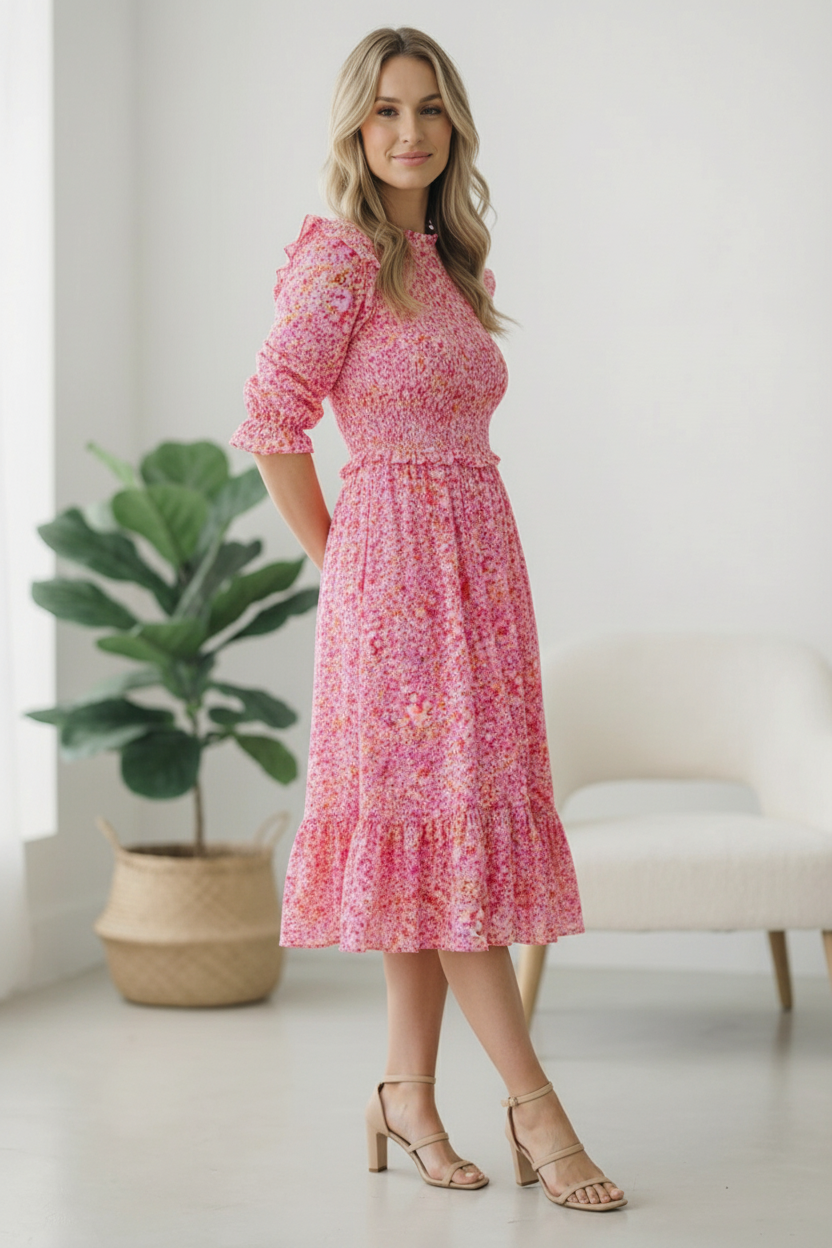 Be My Spring Sweetie Pink Floral Smocked Dress