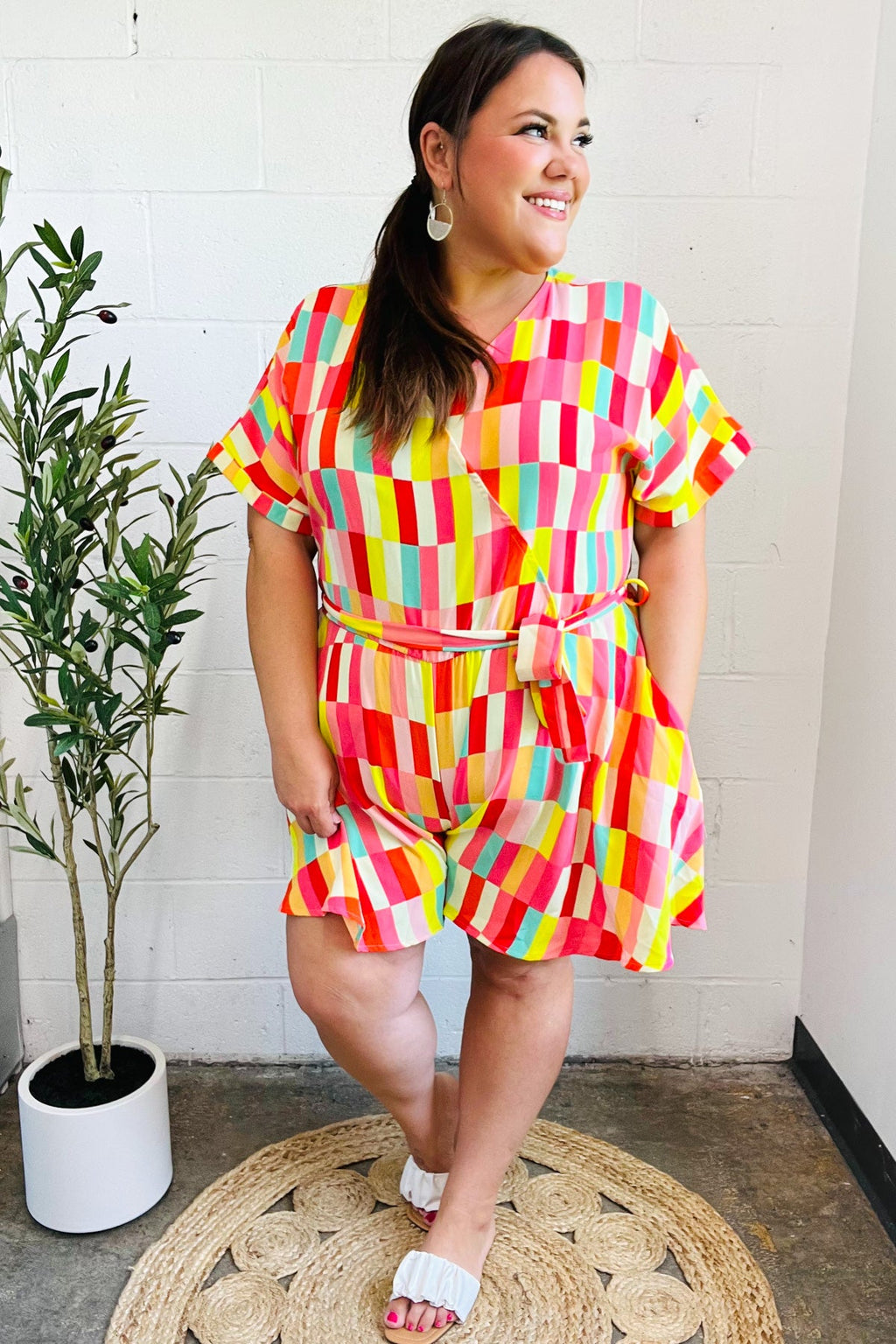 Eyes On You Coral Geo Abstract Surplice Woven Romper