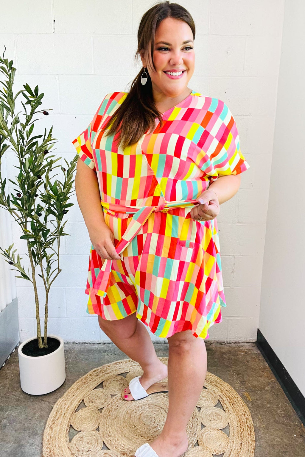 Eyes On You Coral Geo Abstract Surplice Woven Romper