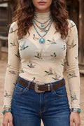 Beige Western Print Mesh High Neck Long Sleeve Sheath Top