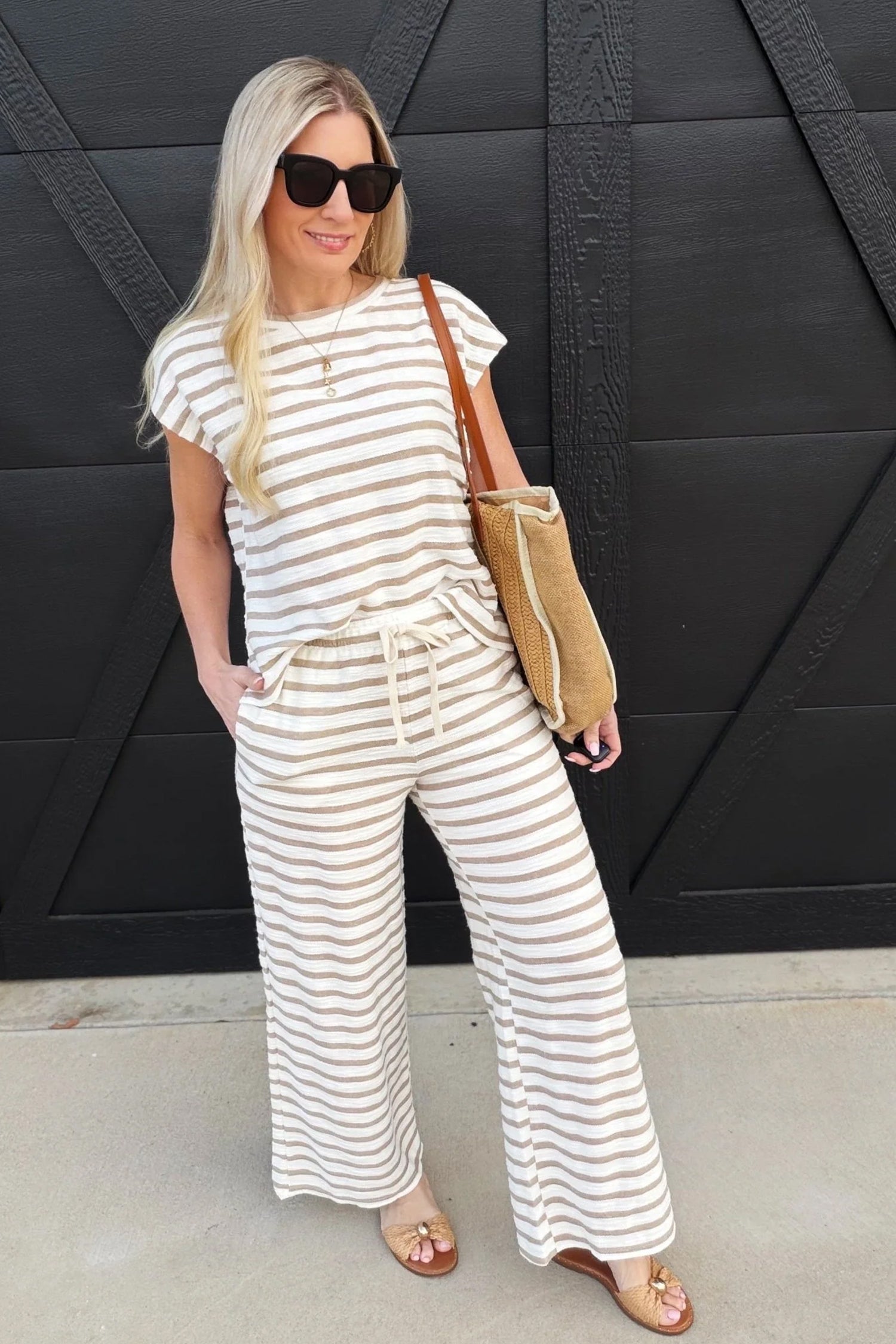 Khaki Stripe Cap Sleeve Tee Drawstring Shift Pants 2pcs Outfit