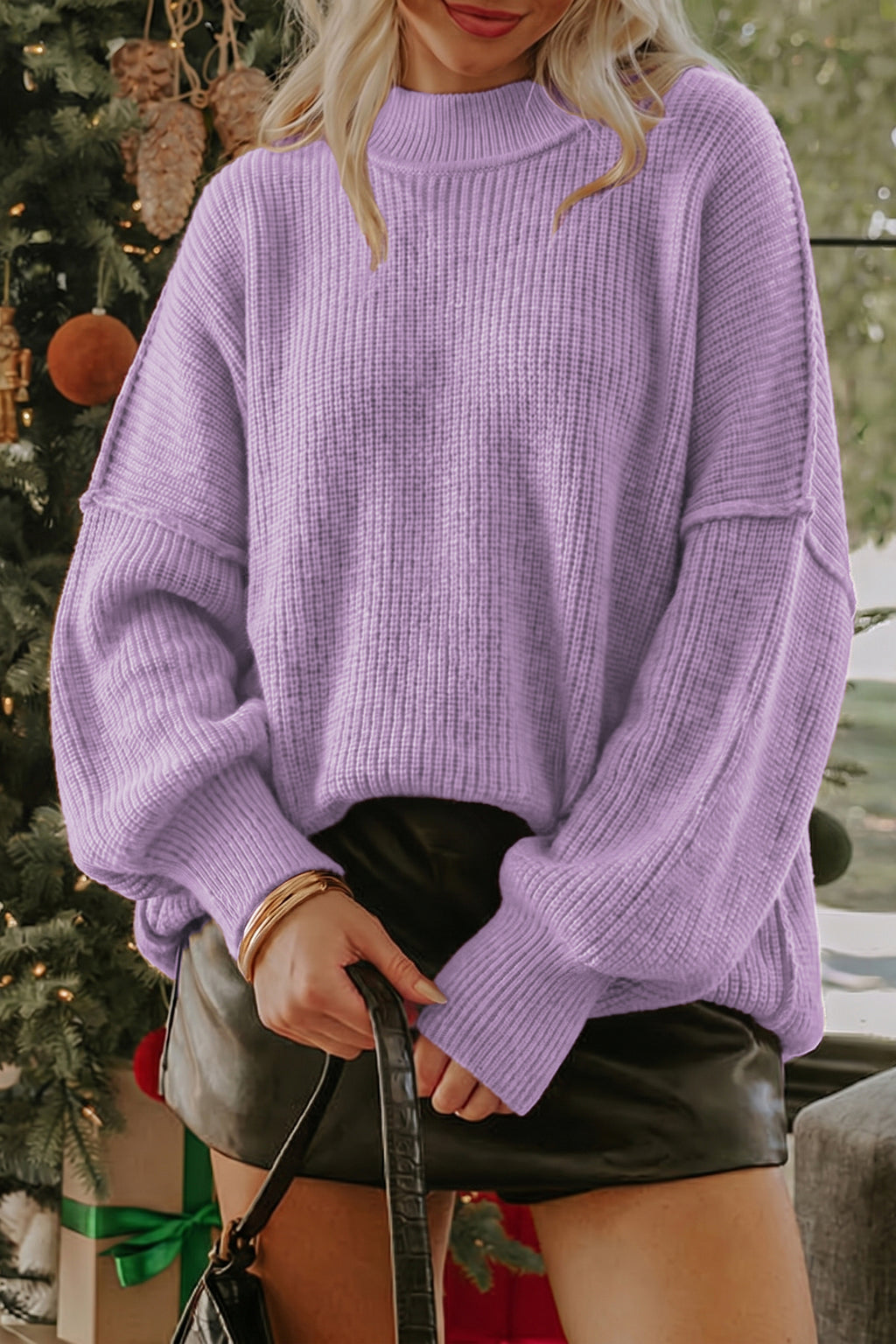 Red Dahlia Solid Color Mock Neck Oversized Tunic Sweater