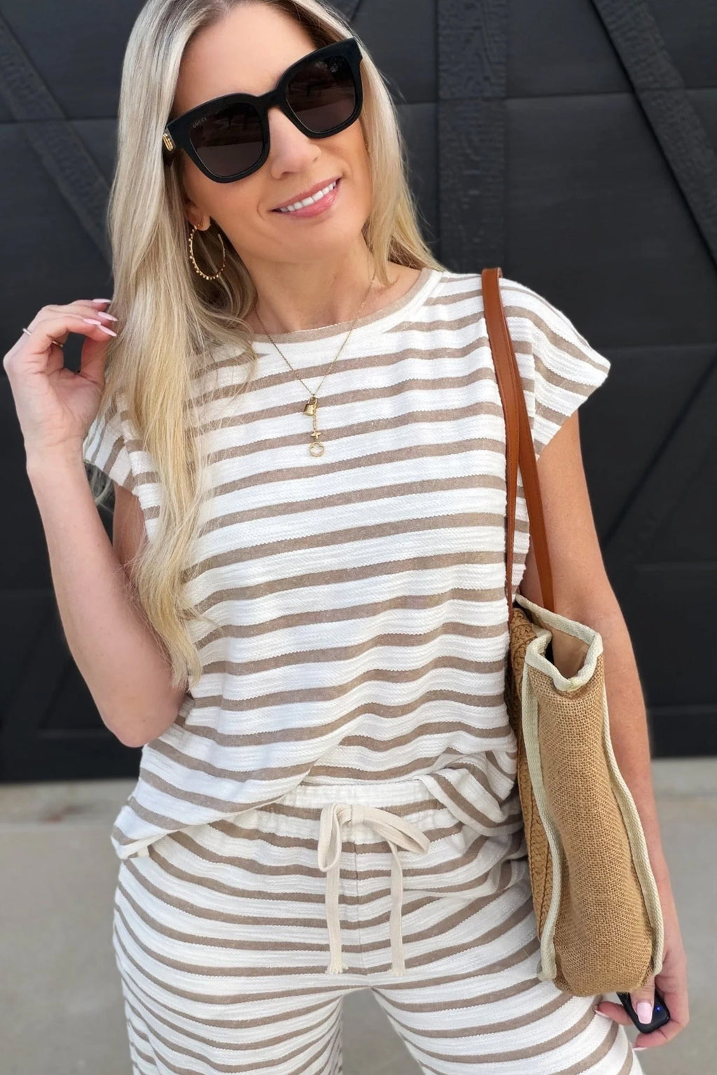 Khaki Stripe Cap Sleeve Tee Drawstring Shift Pants 2pcs Outfit