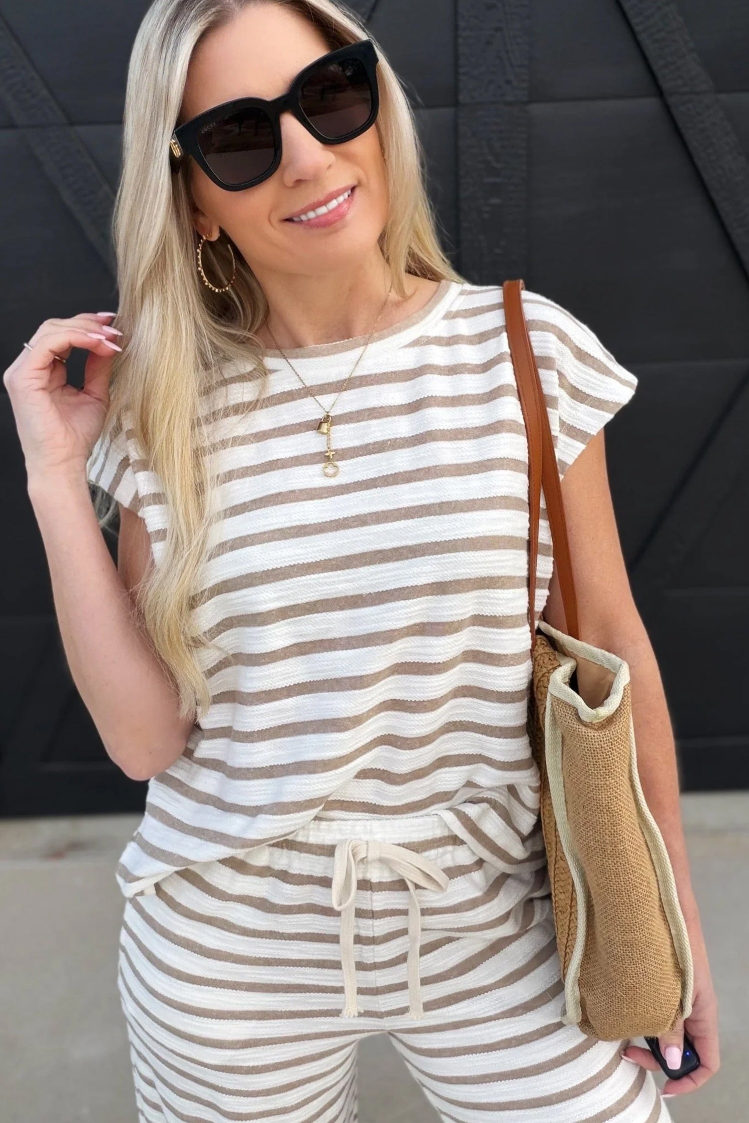 Khaki Stripe Cap Sleeve Tee Drawstring Shift Pants 2pcs Outfit